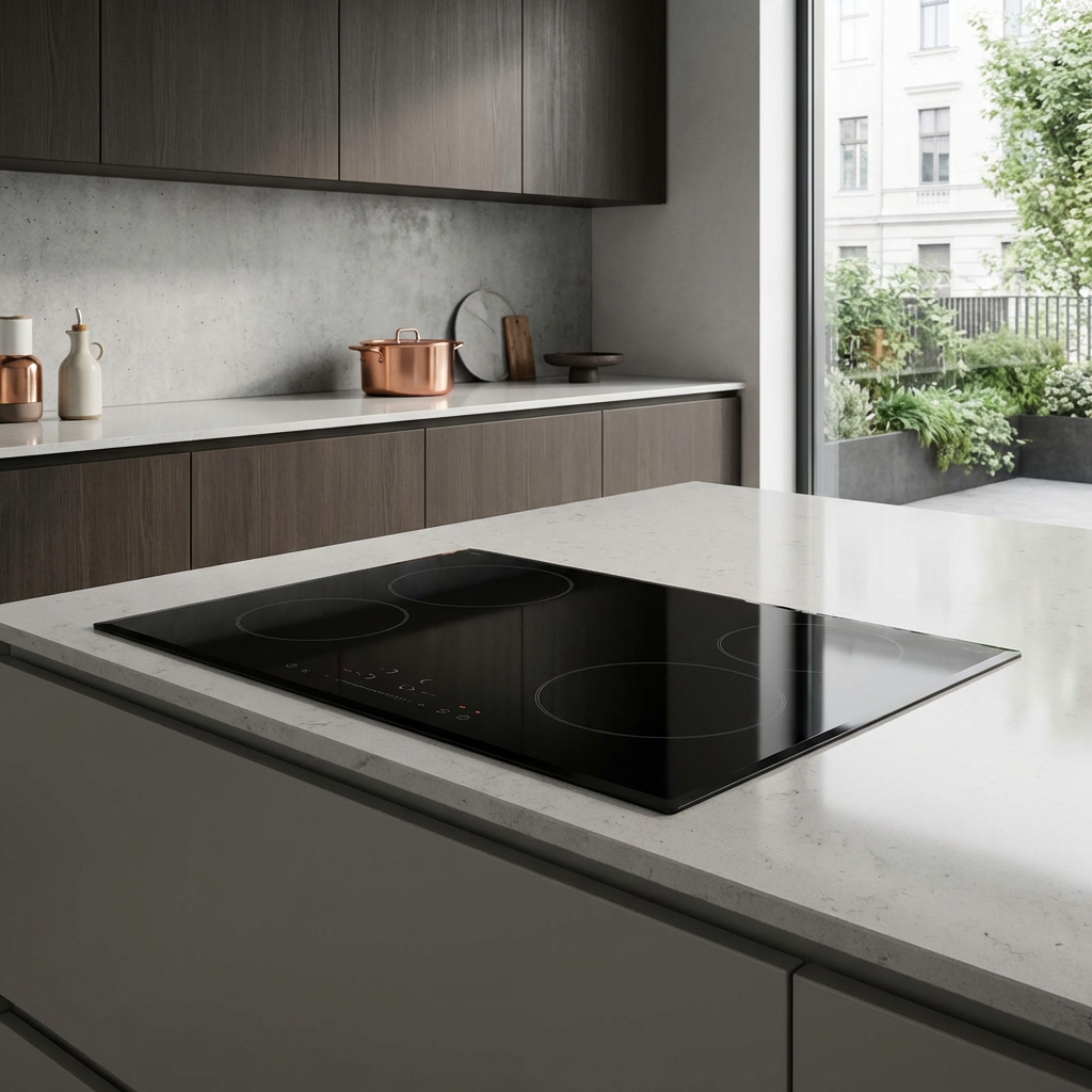 Black induction stovetop integrated into a white marble kitchen island.